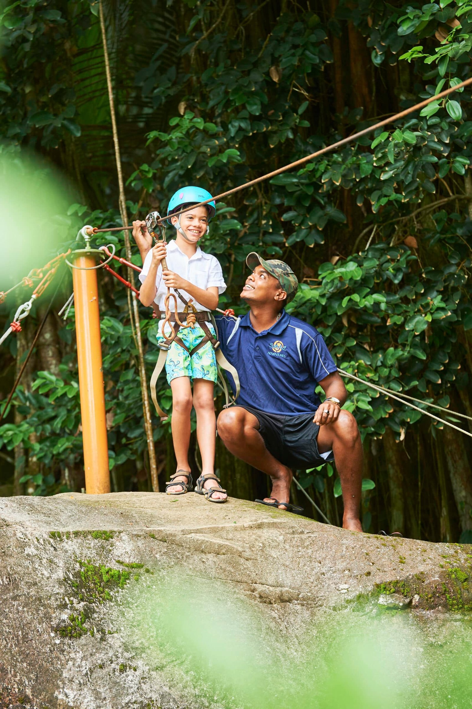 Kids zip lining in Seychelles